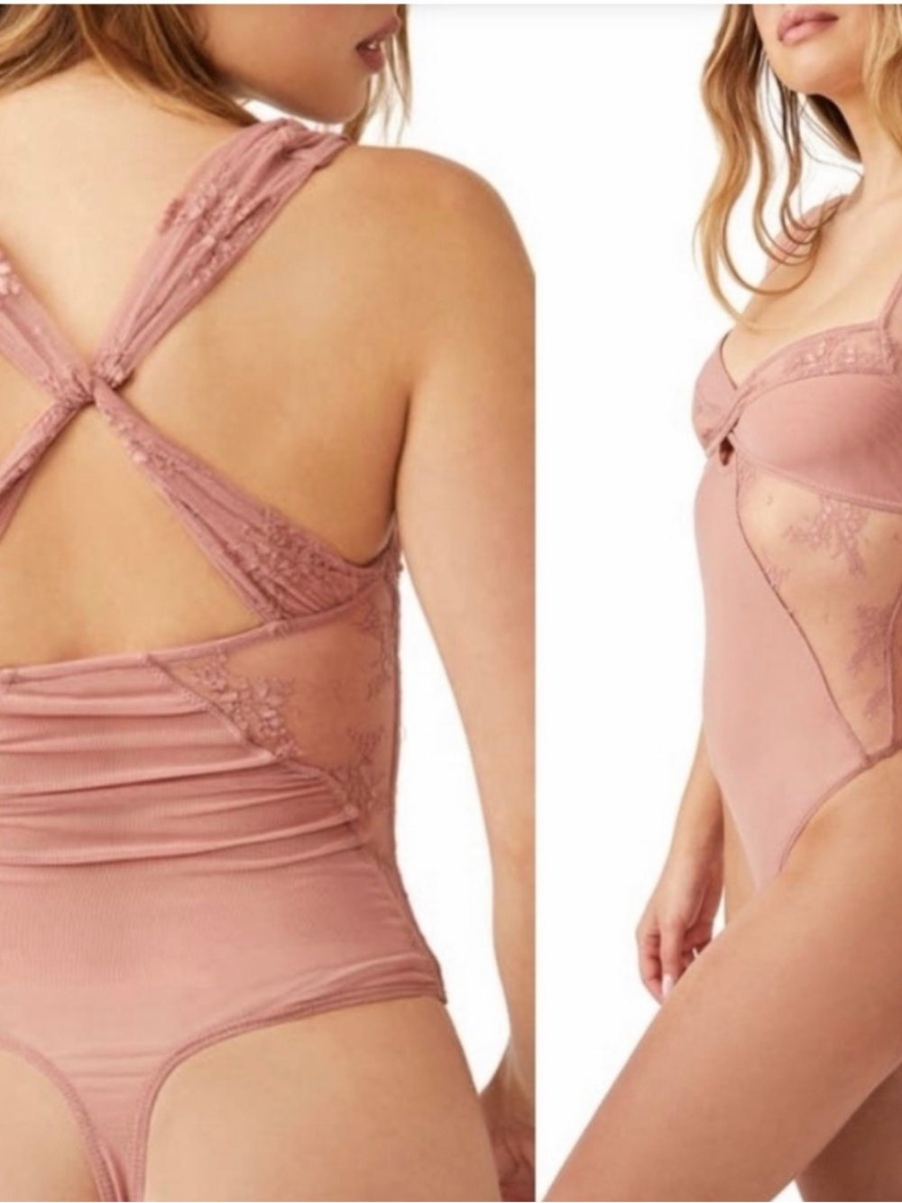 Free People Lace-Panel Bodysuit in Dusty Rose